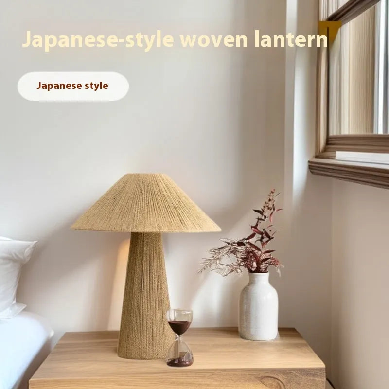 Japanese-style bamboo hat woven table lamp with 38cm diameter rope shade, warm light or tri-colour dimming options.