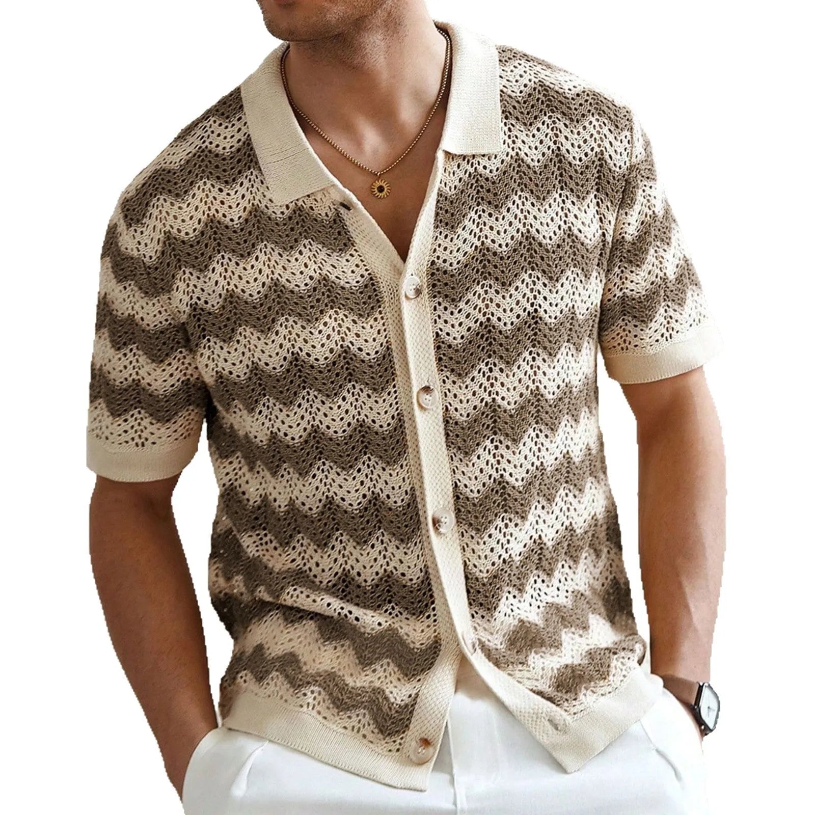 Short-sleeved yellow Tencel sweater with a textured hollow jacquard corrugated pattern, shown on a hanger.