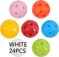 Assortment of blue, green, orange, red, white, and yellow golf practice balls in a net bag.