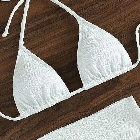White women's lace-up split bikini swimsuit three-piece set made from Spandex in sizes S to XL