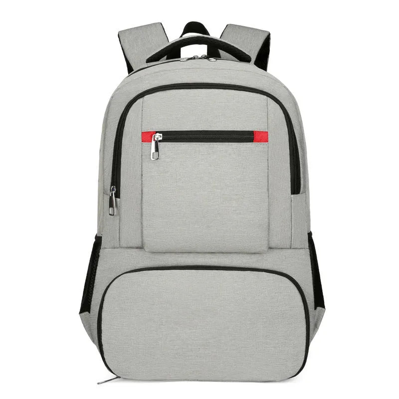 Light grey Oxford cloth insulated backpack with curved shoulder straps and a pull rod belt.