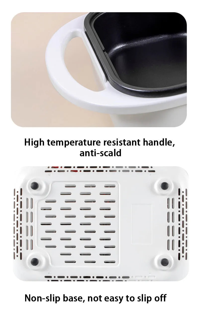 White dual-use electric caldron and frying oven with mechanical controls, compact design for 2-3 person households