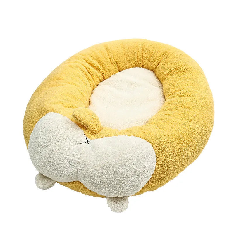 Corgi shaped plush pet bed for dogs and cats with raised edges.