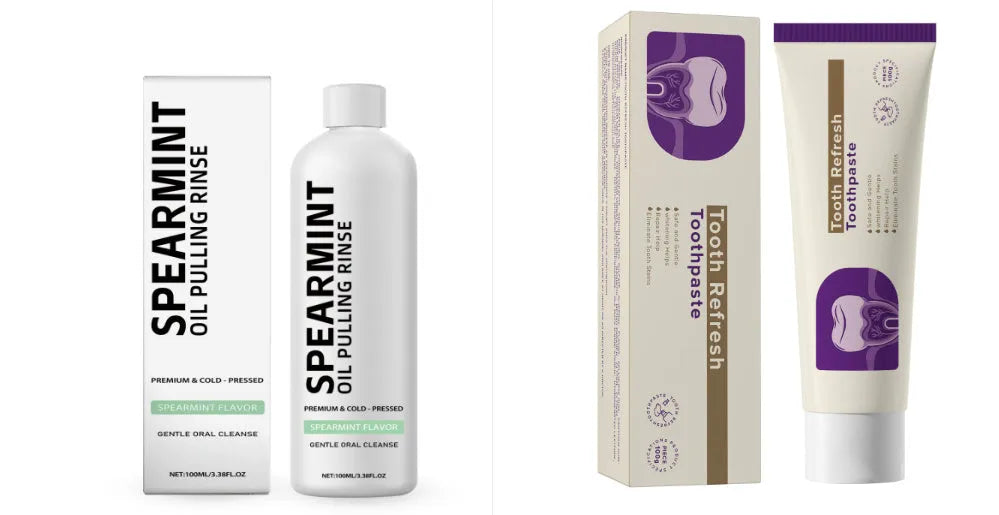 Spearmint oil pulling rinse set with one mouthwash and one toothpaste, water-based formula with spearmint and clove oil