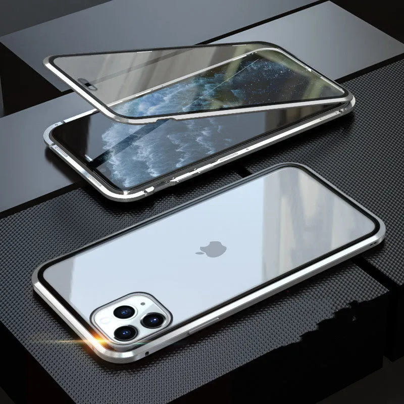 A closed clamshell phone case in blue glass with a geometric pattern, next to an iPhone showing the narrow viewing angle when open.