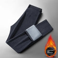 Men's fleece-lined thickened casual trousers, mid waist, zipper fly, black or navy blue, sizes 29-40