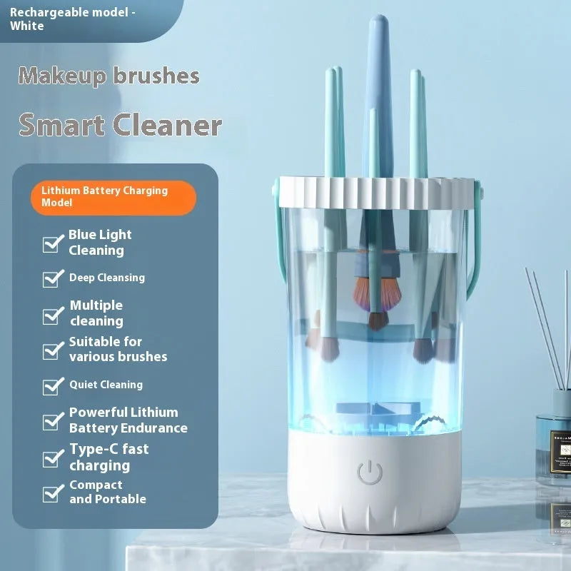 White rechargeable electric makeup brush cleaning unit with USB cable.