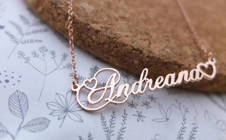Custom women's name necklace with double empty heart pendant on 45cm stainless steel chain