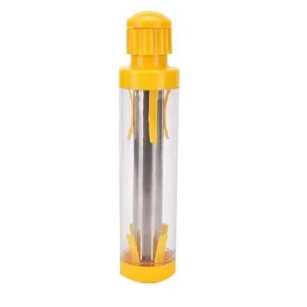 Yellow cylindrical corn stripper kitchen tool 27cm tall with stainless steel threshing mechanism