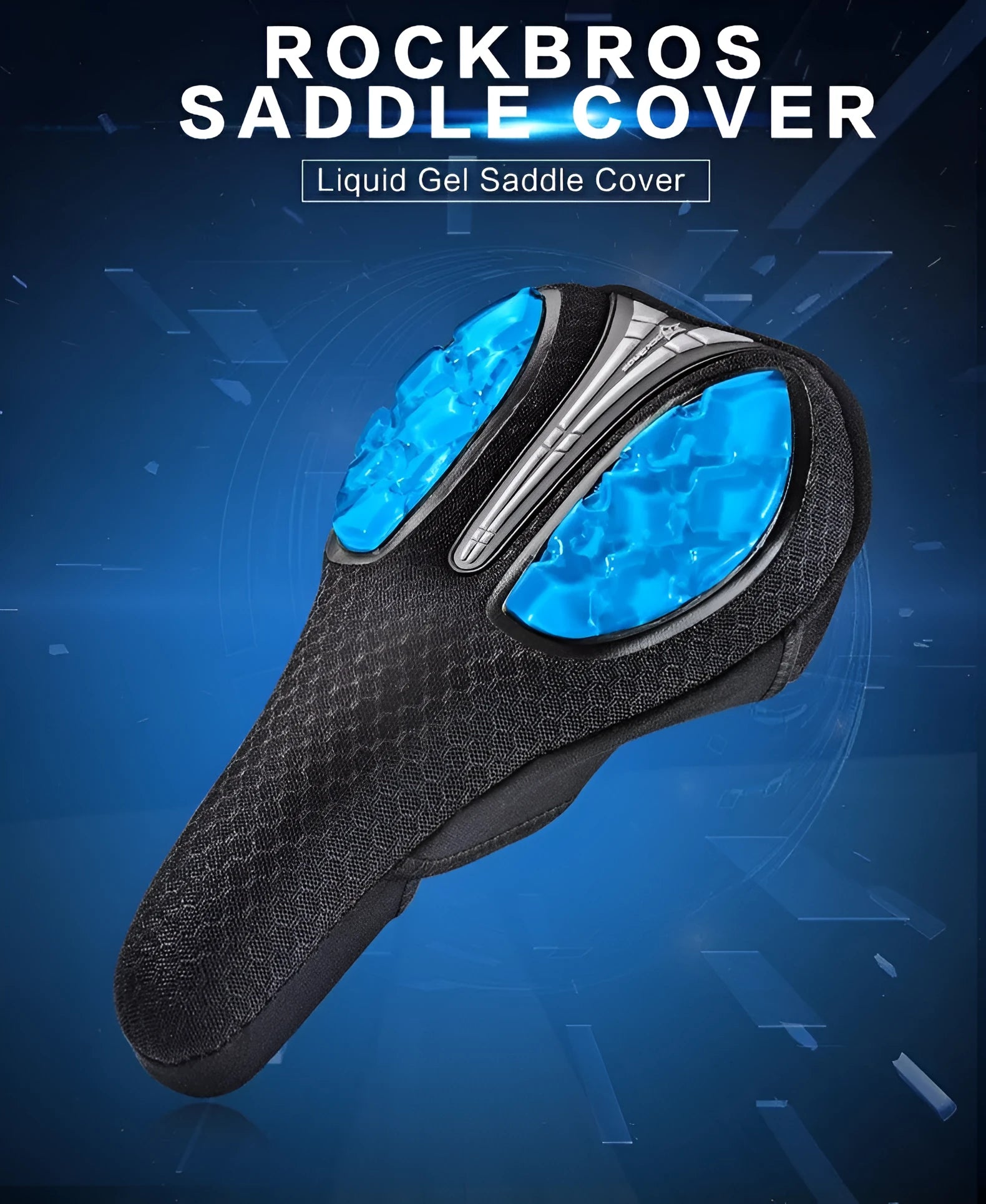 Bicycle gel saddle cover in blue with grid pattern and adjustable drawcord