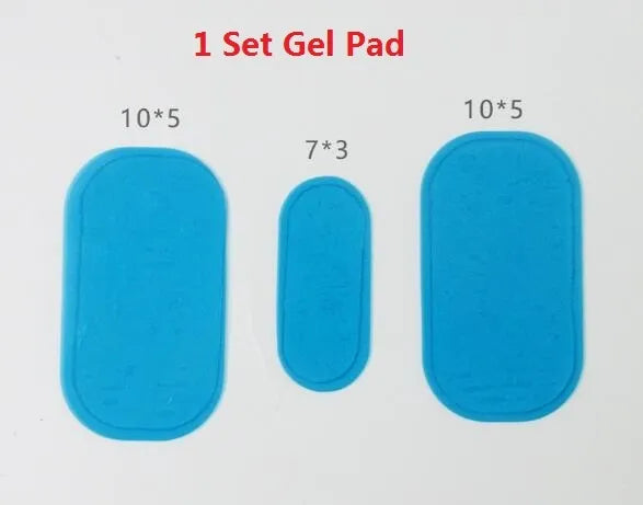 Compact EMS hip muscle training stimulator device with adhesive gel pads for buttocks and abdomen.