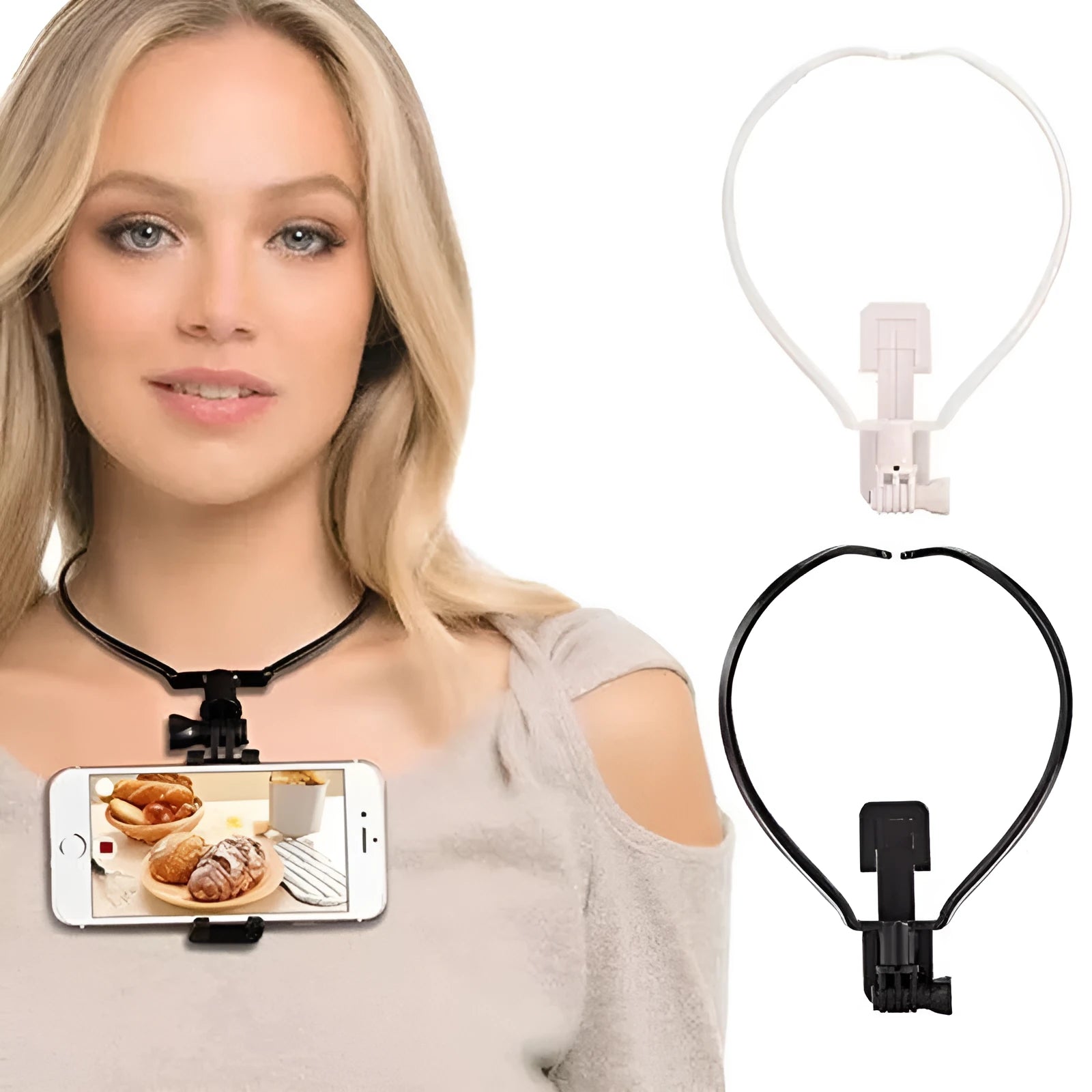 Black ABS plastic neck phone holder with adjustable mounting ring worn on a person.