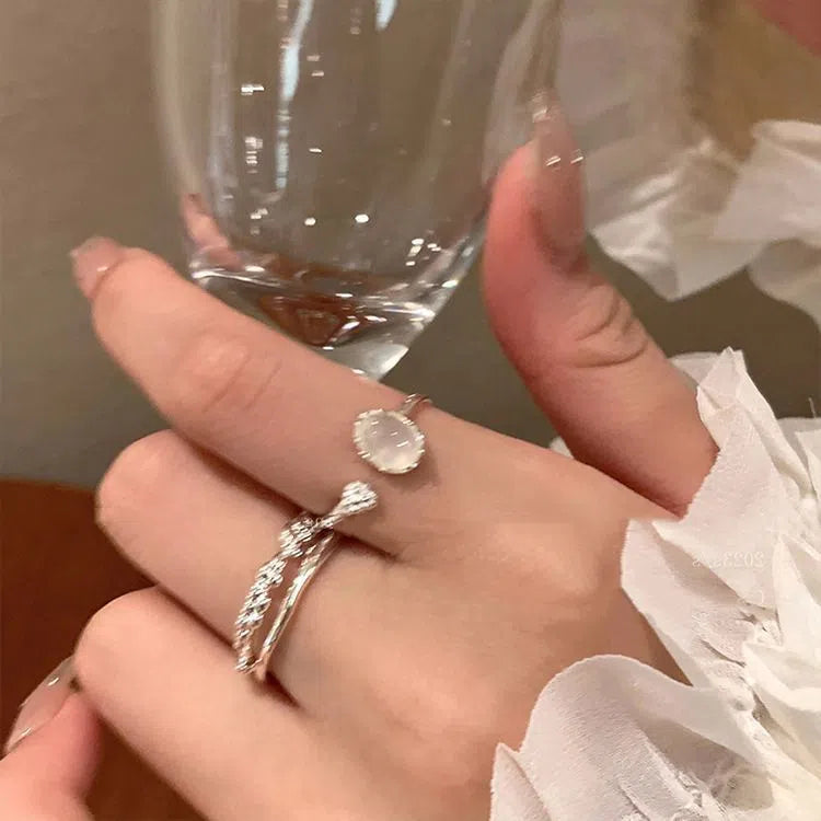 Moonstone texture ring for women, two-piece set, oval geometric shape, alloy plating, live edge style