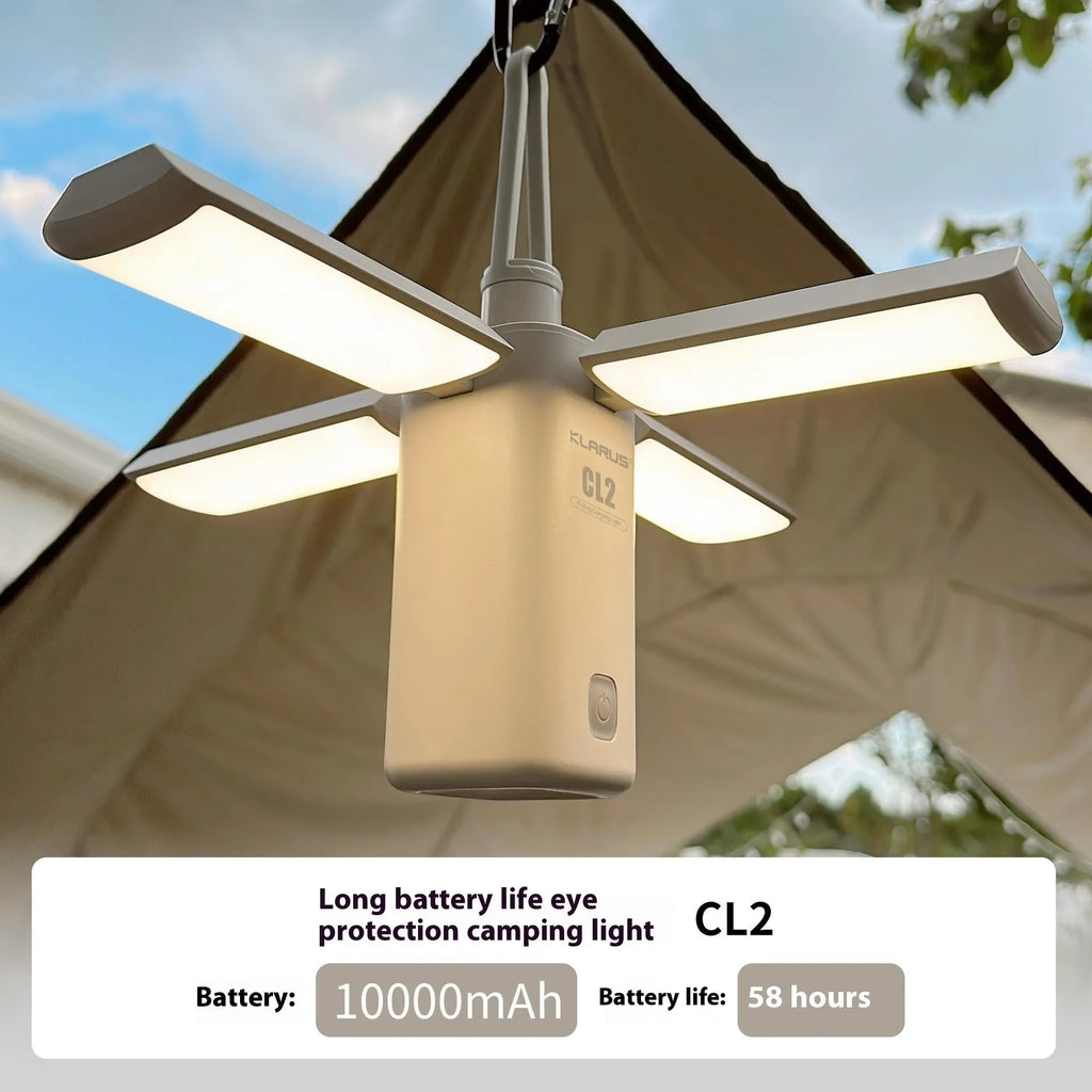 White and green rechargeable LED camping lantern with USB charging cable