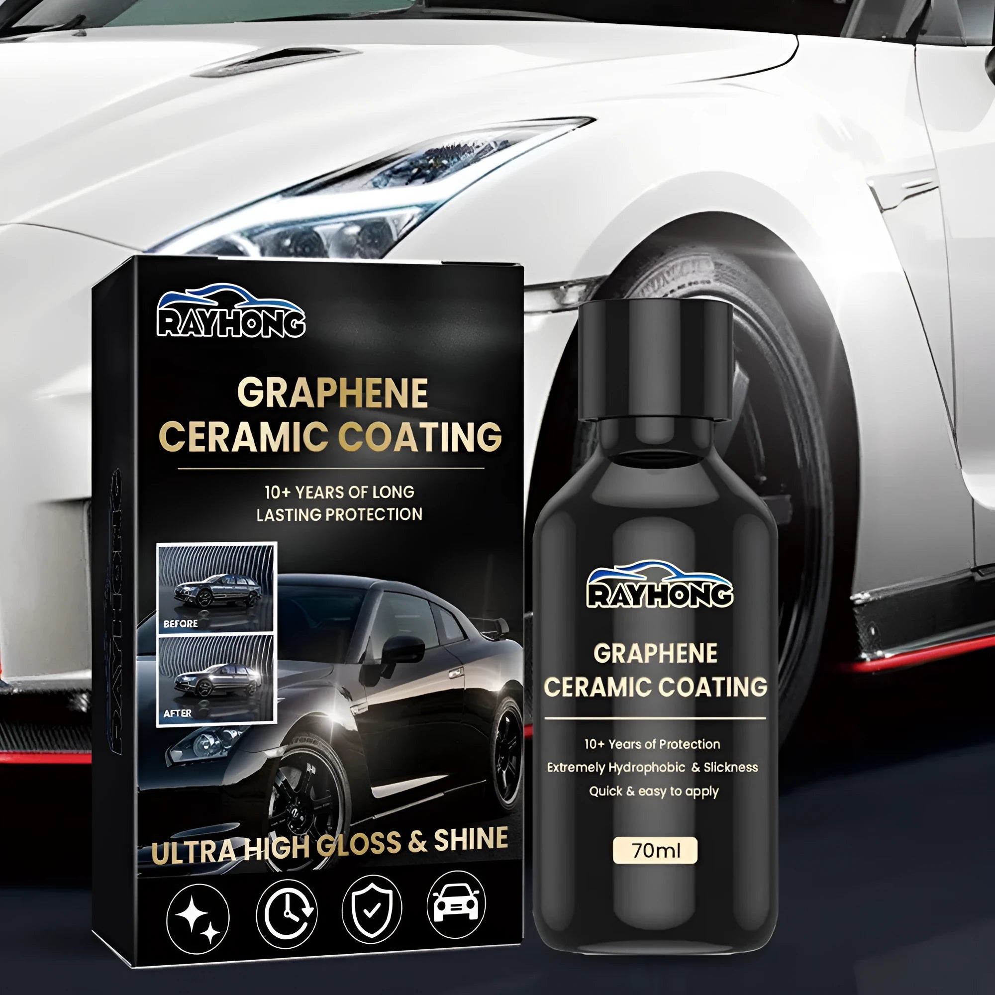70ml bottle of automotive graphene ceramic coating with sponge, towel, gloves, and cloths laid out.