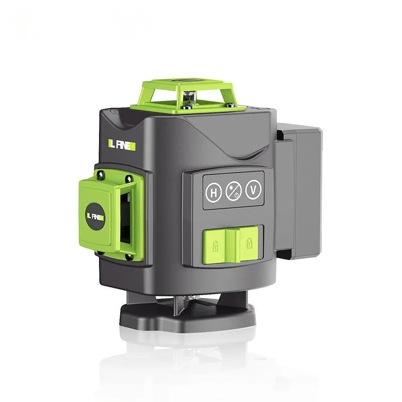 Green 16-line laser level tool showing 360° beam projection on walls.