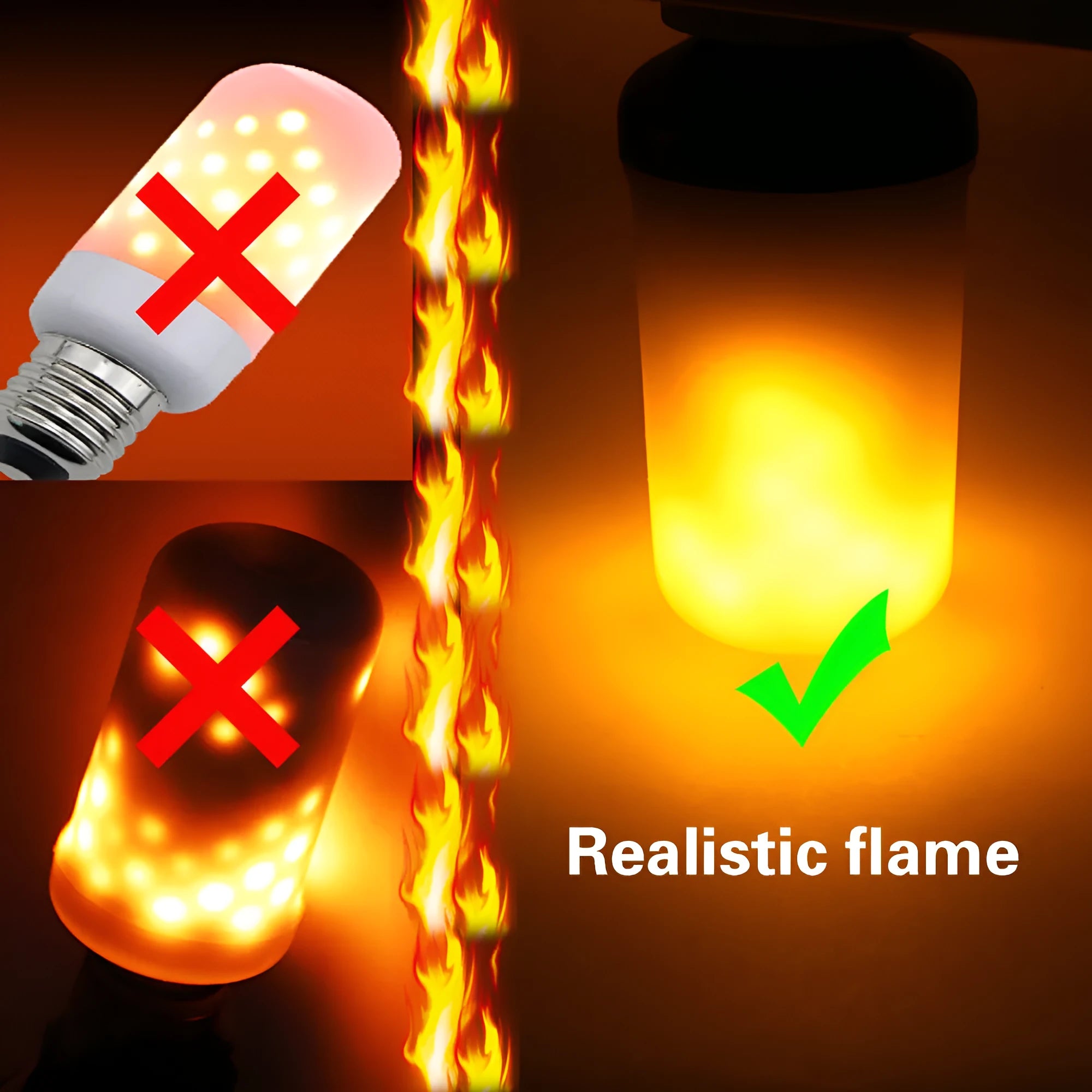 Decorative LED flame effect bulb with flickering light on an E27 fitting