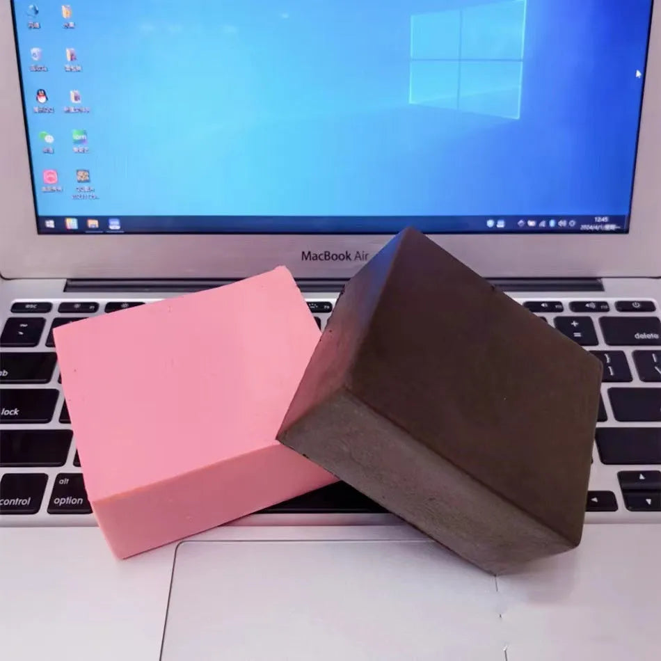 Plastic squeeze toy in watermelon and milk brick shapes, five colours including yellow, pink, white, and chocolate
