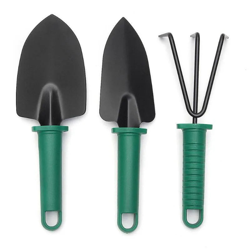 Green camouflage garden tool set in plastic case with stainless steel shovel, rake, scissors, and kettle