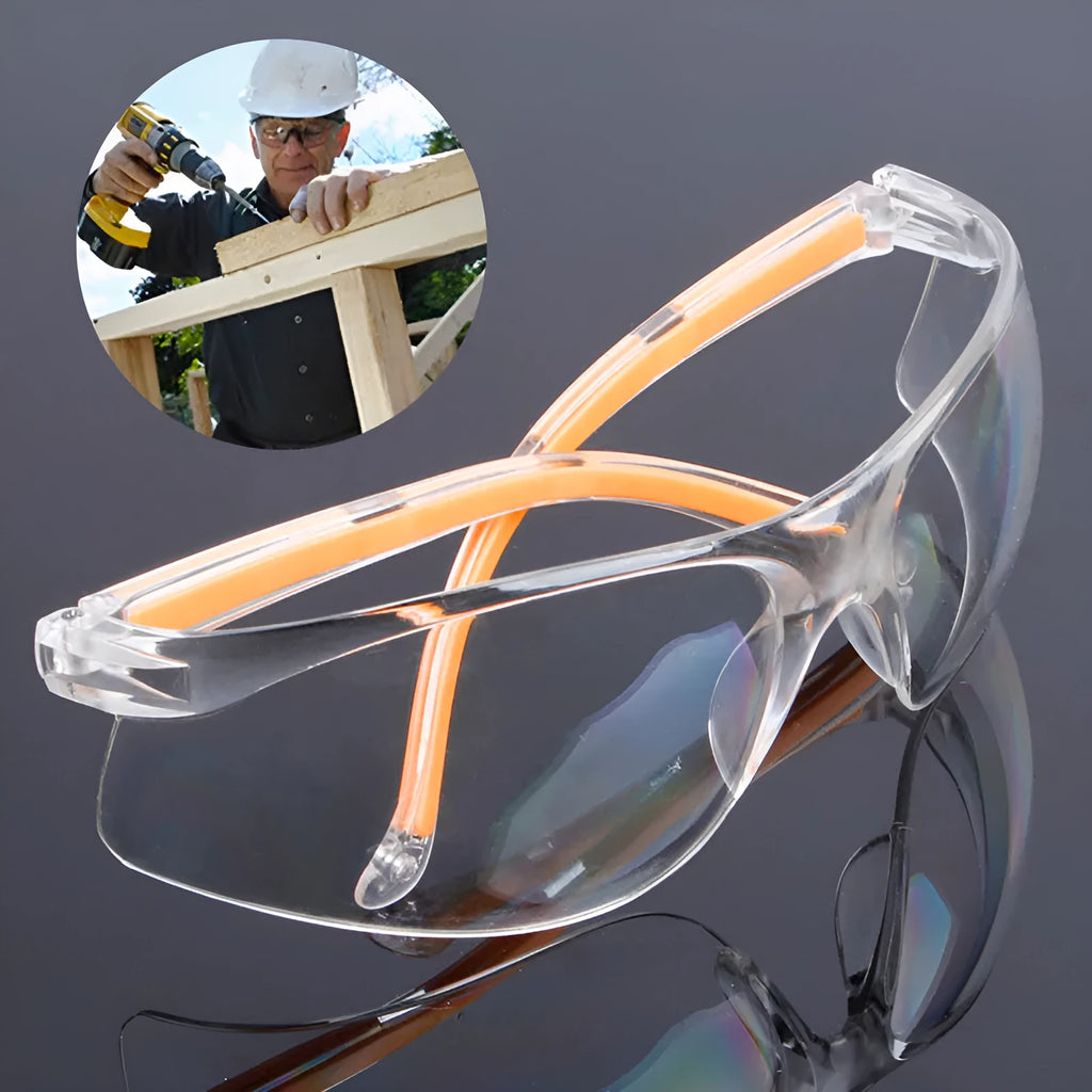 Transparent polycarbonate safety goggles with yellow tinted lenses for eye protection.