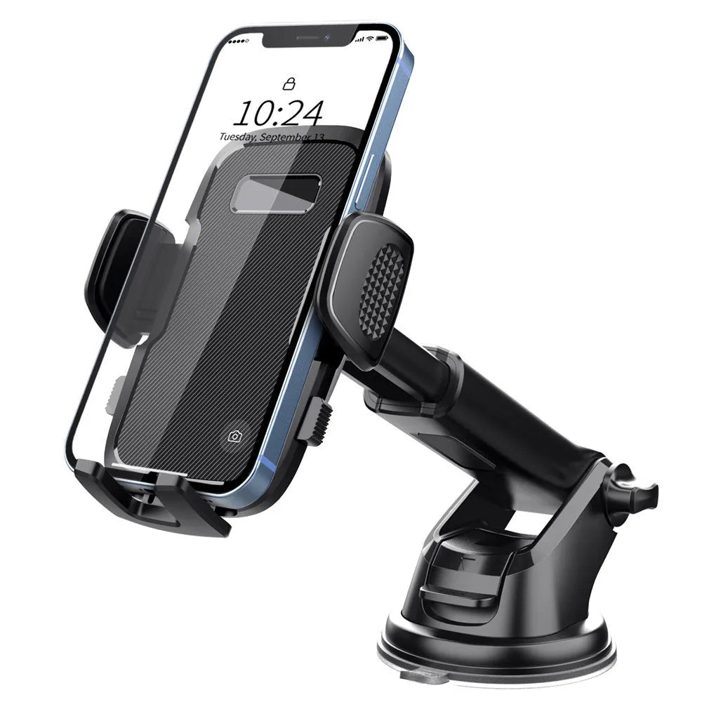 Black plastic car mobile phone bracket with suction fixing and universal support frame for in-car navigation.