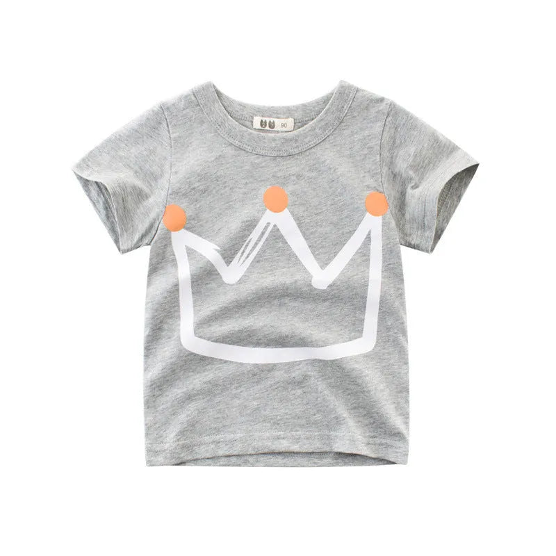 Boys' short sleeve cotton T-shirt in Royal Blue or Flower Grey, sizes 90-140cm, Korean style