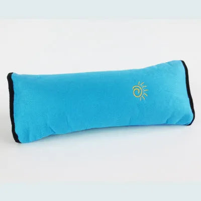 Children car pillow in microsuede fabric attached to a seatbelt, grey colour, 28.5cm by 9cm by 12cm