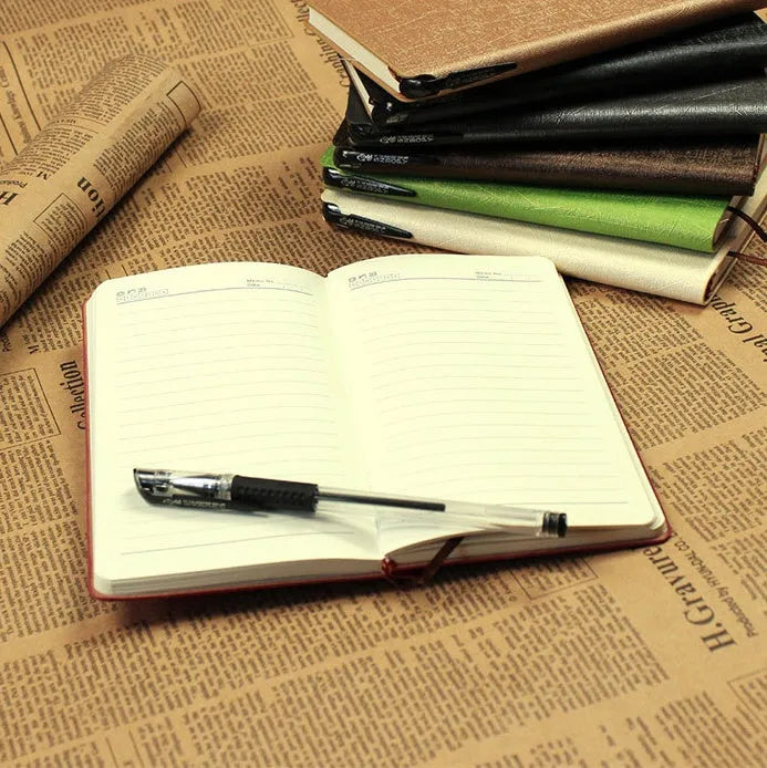 A6 PU leather notebook with pen slot, 100 forest paper pages, black cover, pen design notepad