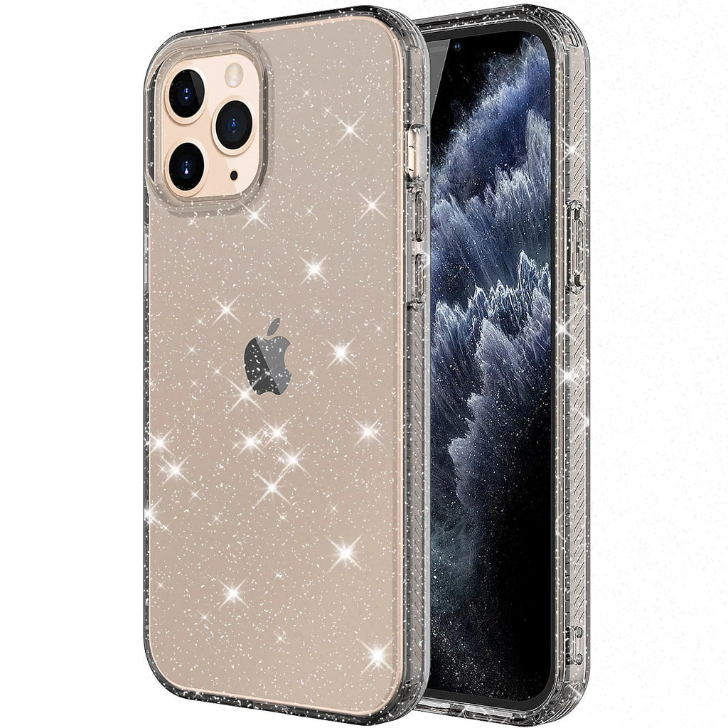 Glitter transparent TPU phone case for iPhone 12 Pro Max in pink, shown from the back.