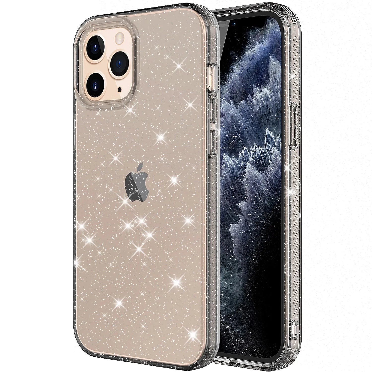 Glitter transparent TPU phone case for iPhone 12 Pro Max in pink, shown from the back.