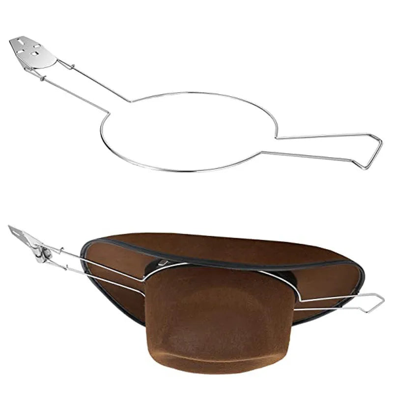 Brown chrome-plated metal hat stand for hanging coats and hats.