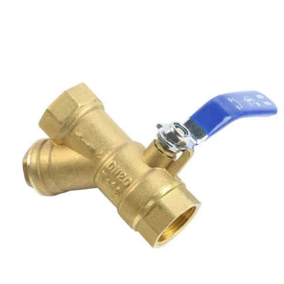 Brass Y-shaped filter ball valve with red handle and threaded ends.