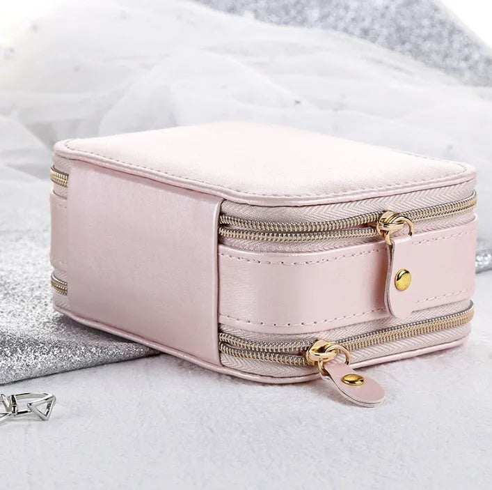 Portable PU leather jewellery box with three-layer storage in blue colour