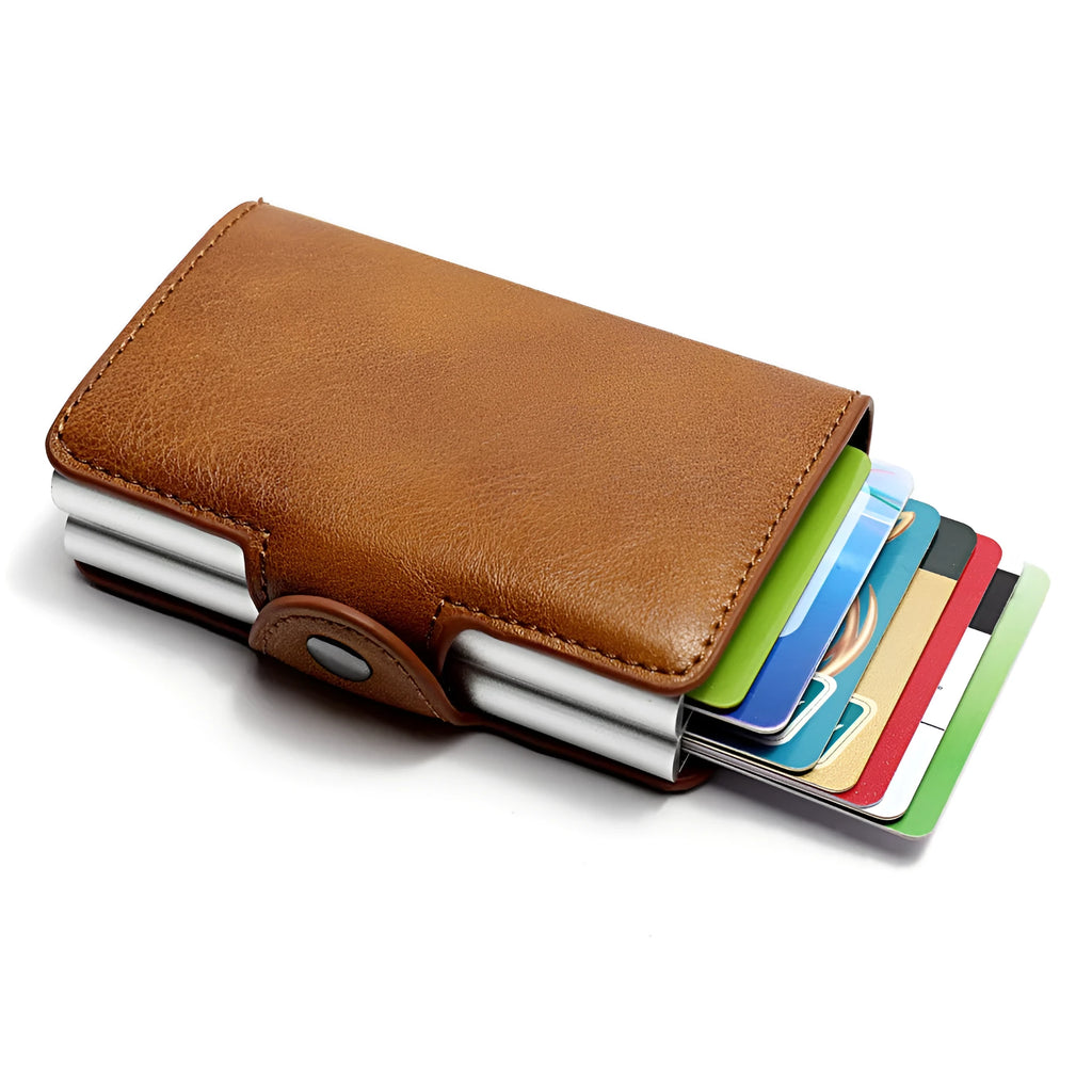 Aluminum PU wallet with 14 card slots in Crazy Horse leather finish, available in claret coffee royal blue black and brown