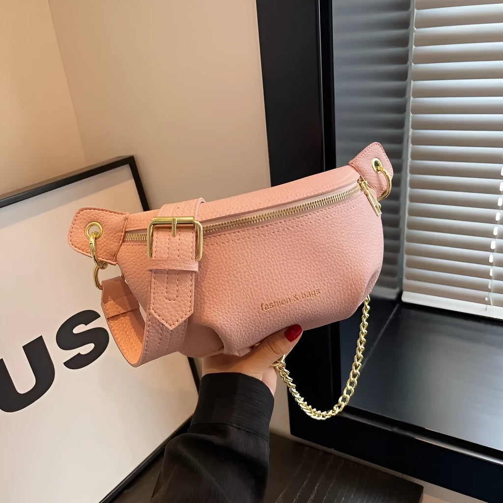 PU medium soft waist bag with single shoulder strap and zippered compartment, black colour, splicing detail