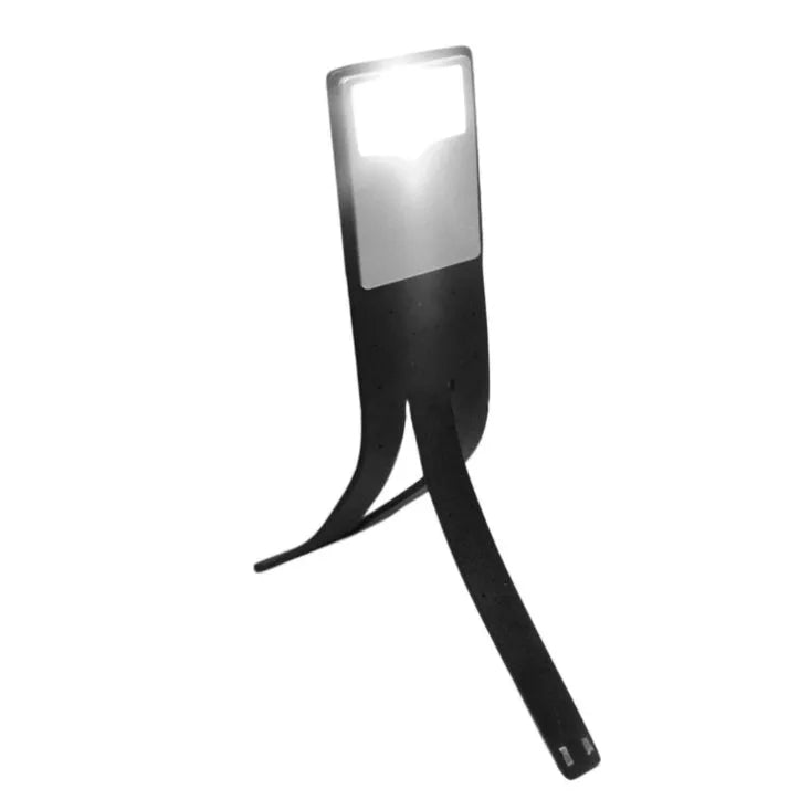 Black folding LED reading lamp showing extended 205mm length and adjustable brightness settings
