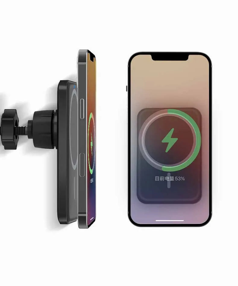 Black car magnetic wireless charger bracket mounted on car air vent with phone attached