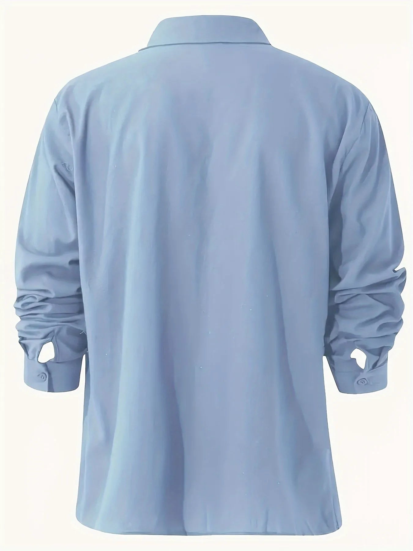 Men's blue solid colour long sleeve stand collar casual shirt front view