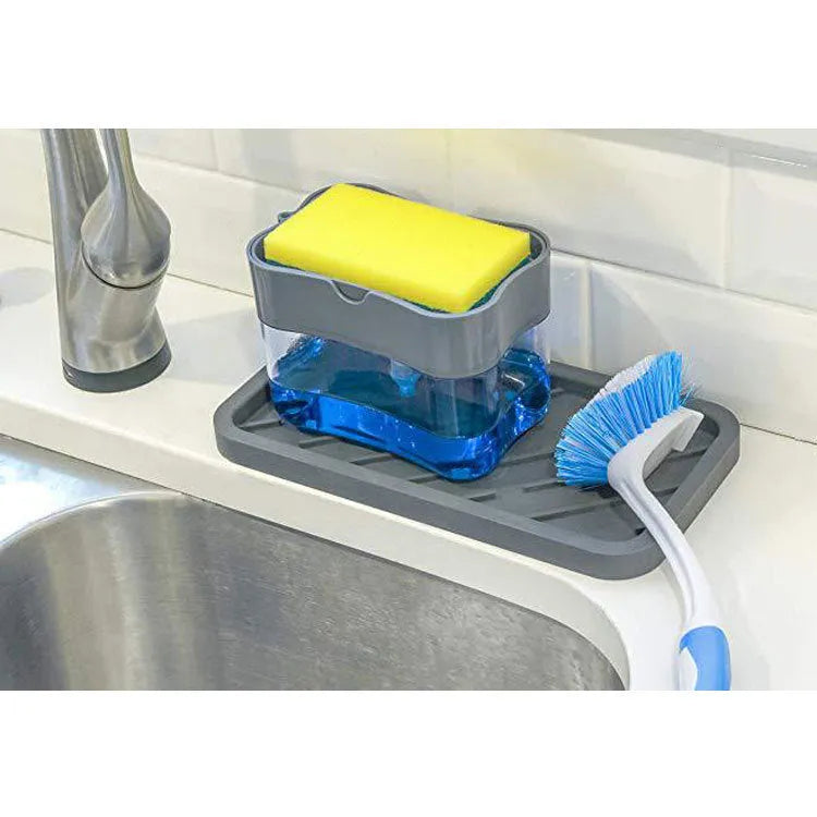Plastic kitchen soap dispenser in grey colour with dimensions 14.5cm height