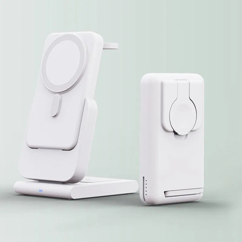 Magnetic three-in-one power bank with 5000mAh capacity, foldable bracket, charging an iPhone, Apple Watch and AirPods
