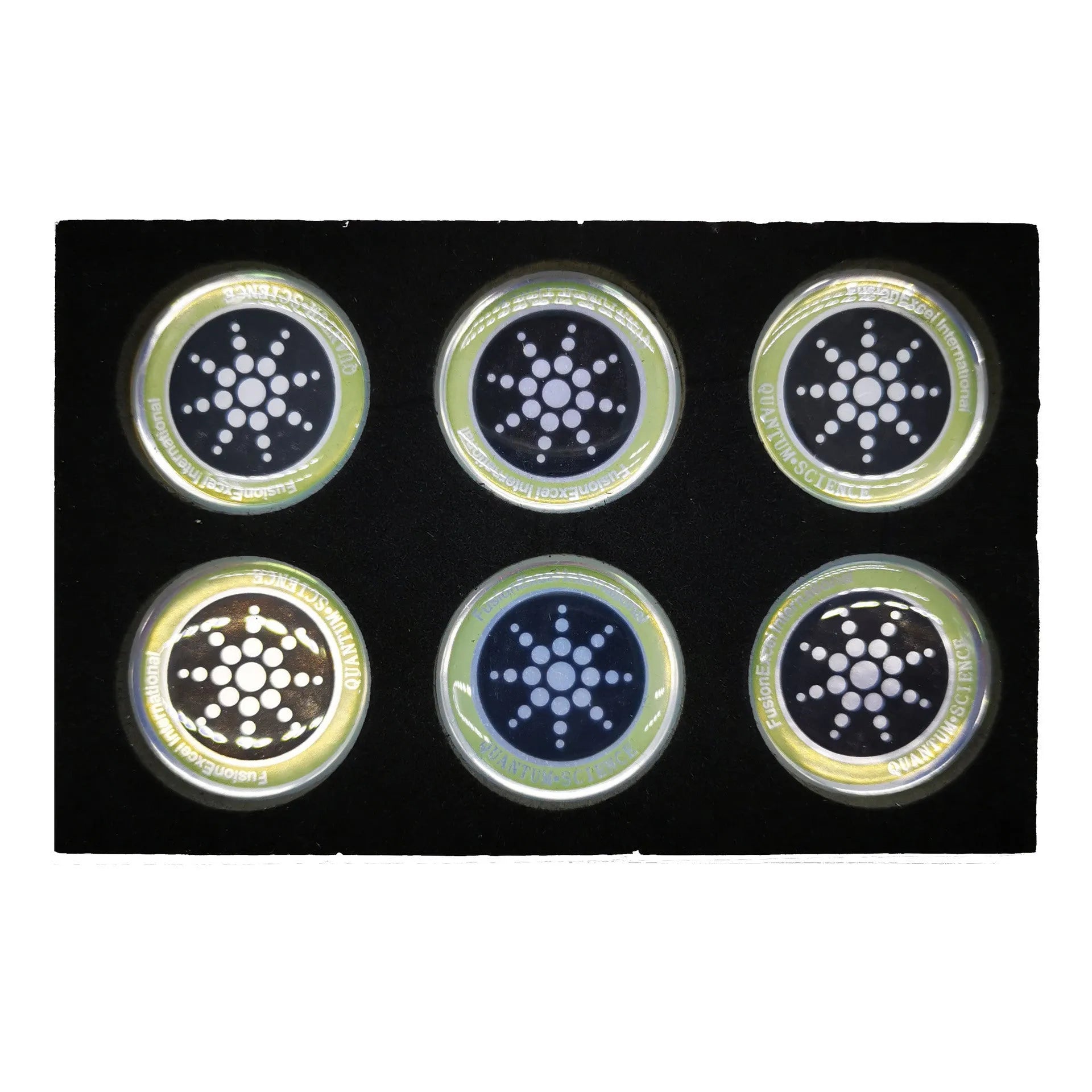 Six mobile phone anti-radiation stickers in silver and gold colours with self-adhesive backing
