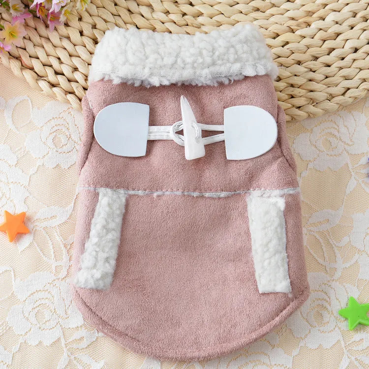 Teddy dog clothes costume in lamb velvet, available in brown or pink, sizes XS to XL.