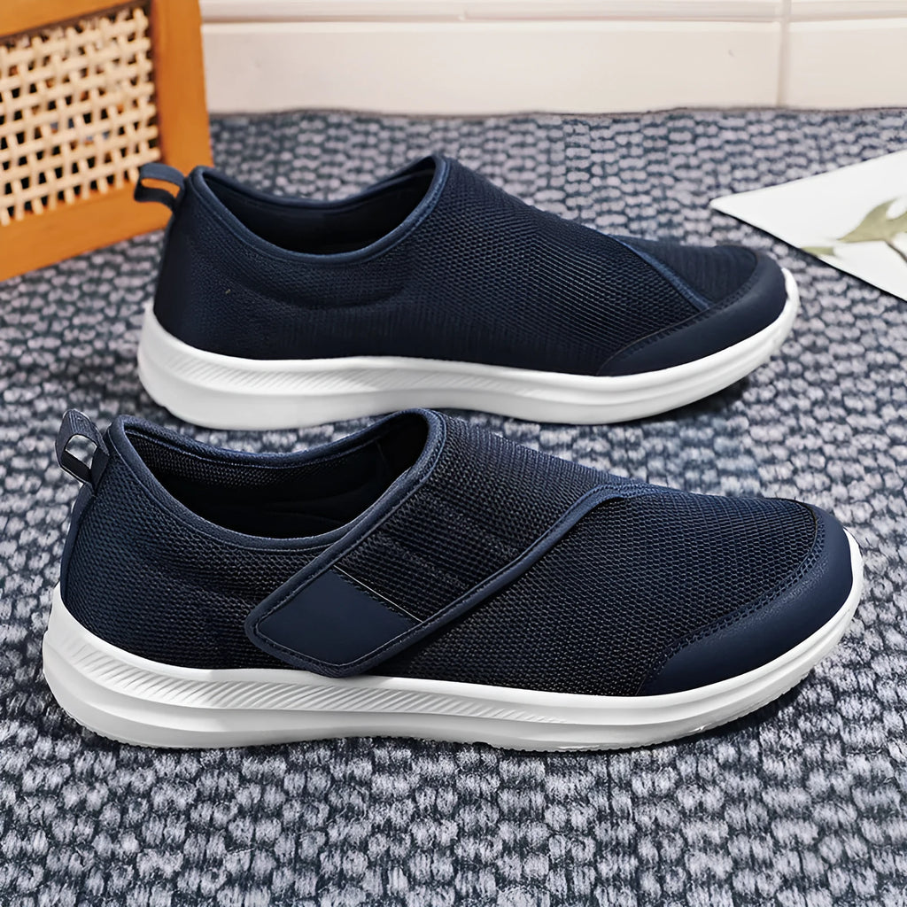Summer walking shoes with mesh upper and Velcro closure in black, grey, blue, or wine red.