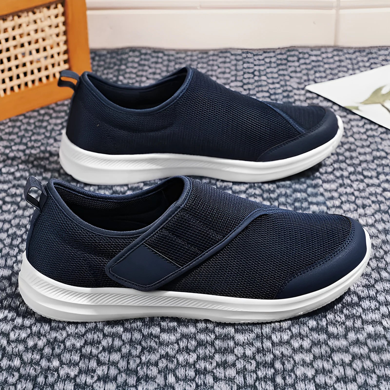Summer walking shoes with mesh upper and Velcro closure in black, grey, blue, or wine red.