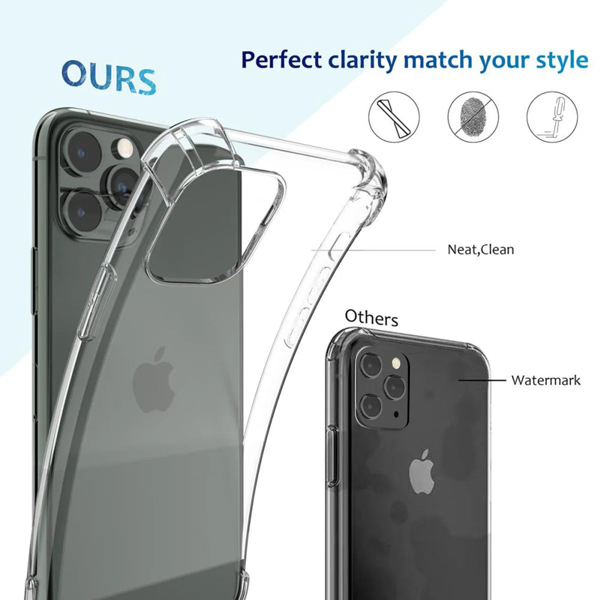 Clear transparent TPU shockproof phone case for Apple iPhone models on a white background.