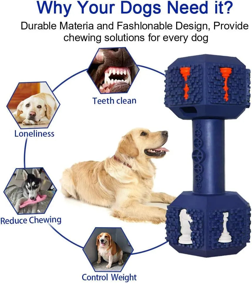 Black durable rubber dumbbell dog chew toy with textured surface and hollow ends for treats.
