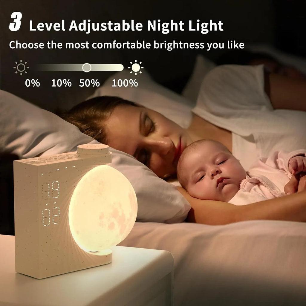 Wake up light alarm clock with sunrise simulation, colourful ambient lighting, and dual alarm, shown on a bedside table