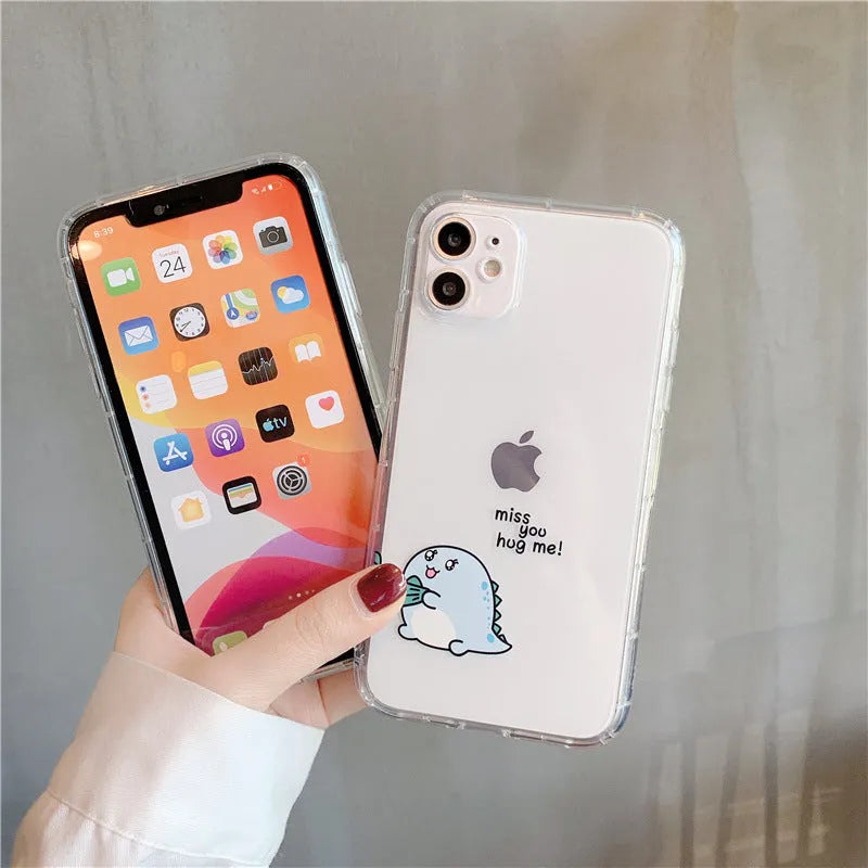 Transparent iPhone case with dinosaur design showing airbag anti-fall protection