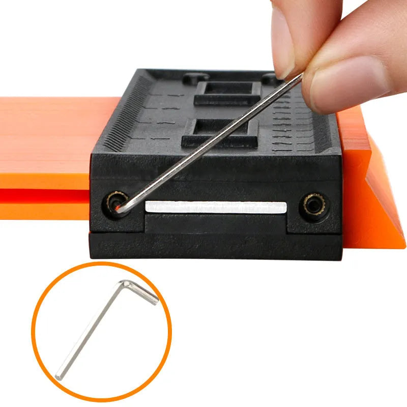 5 and 10 inch orange plastic contour gauge with teeth for copying shapes, on a tile surface