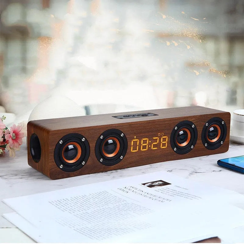 Wooden Bluetooth soundbar speaker, four speakers, 20W output, 380 x 80 x 9mm, yellow or brown wood grain